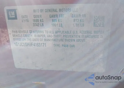 2015 Chevrolet Sonic Lt Auto from USA, damaged, VIN 1G1JC5SH9F4163171